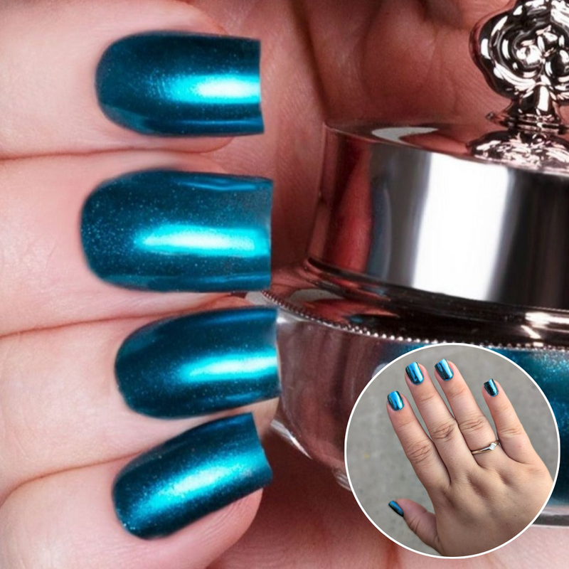 Nails showing aqua green shade with metallic look