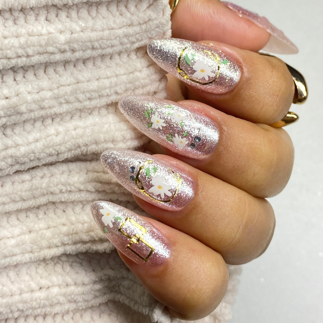Golden Bloom - Nail Embellishment finished manicure