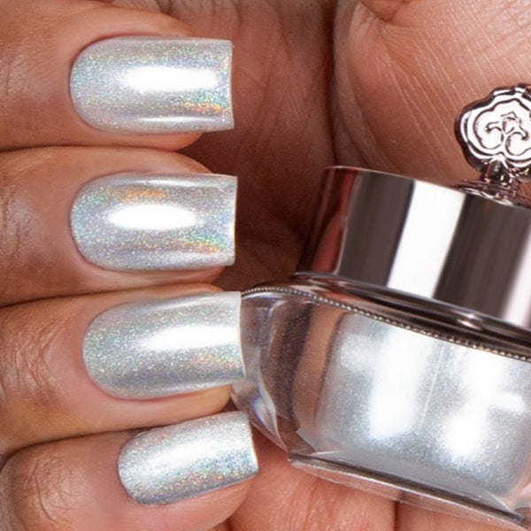 Nails showing Silver shade with holographic shine