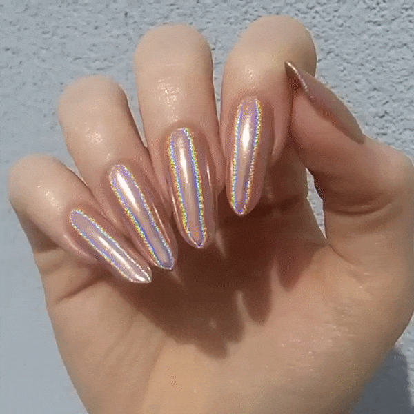 Holographic shade, shimmering rose gold colour