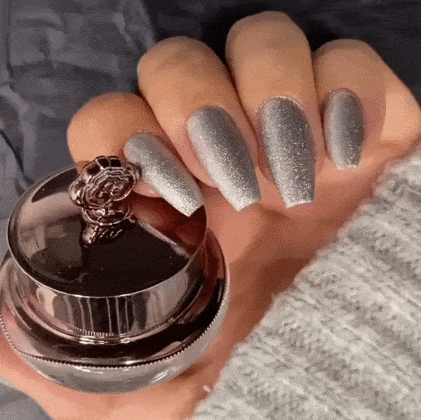 Nails showing Silver shade with holographic shine
