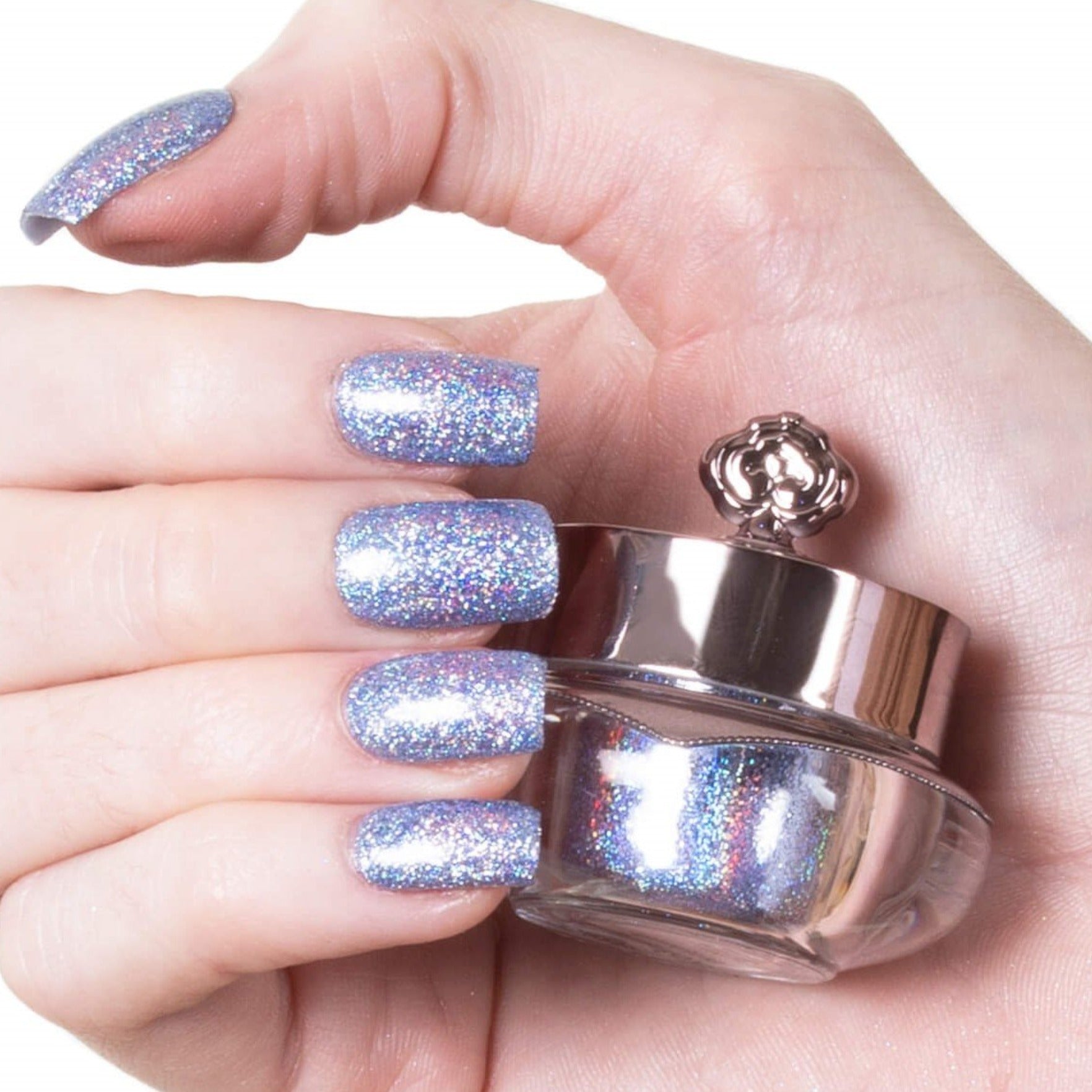 Nails showing soft purple with holographic tone
